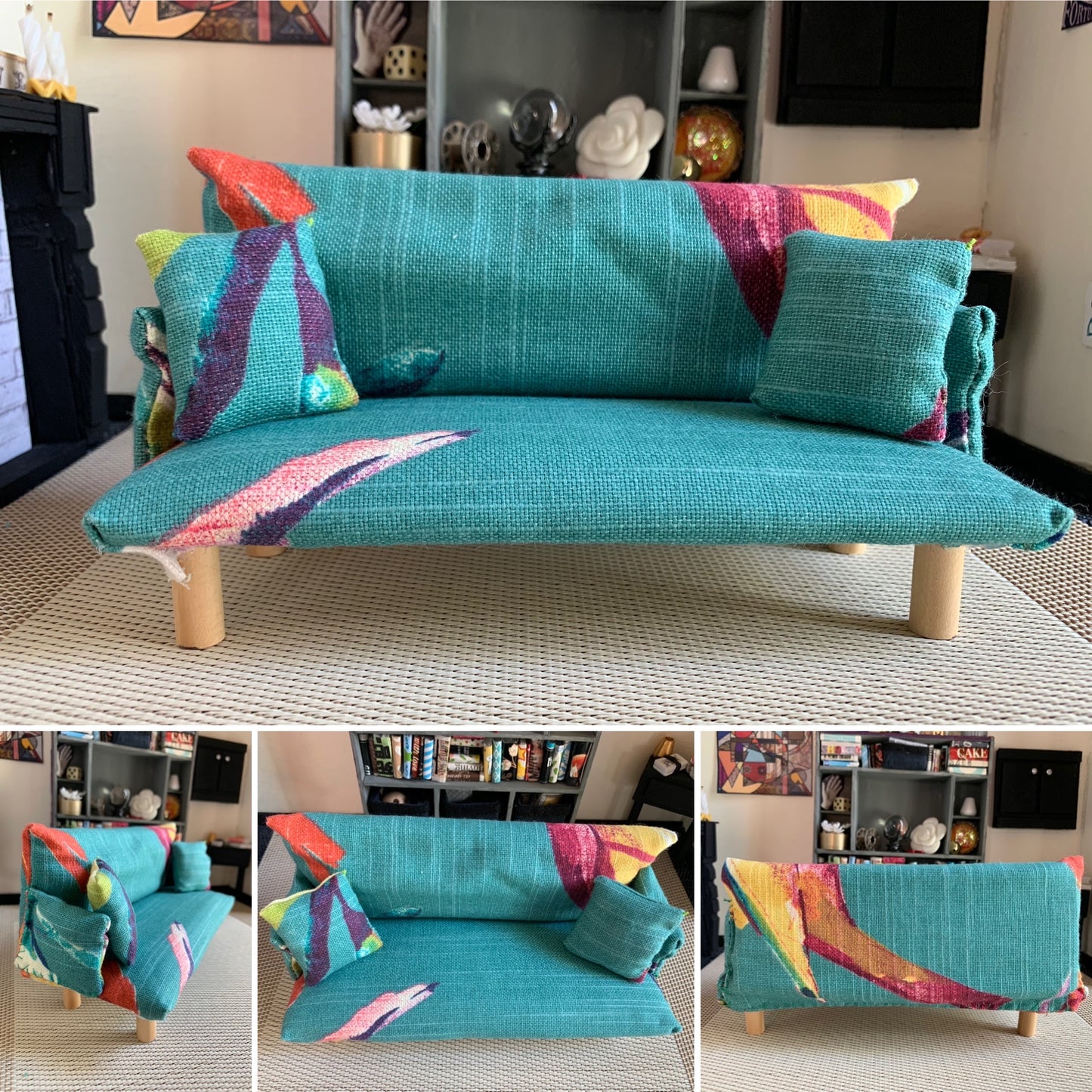 a miniature dollhouse couch, top picture is front view, bottom three photos show side, back, and aerial view details