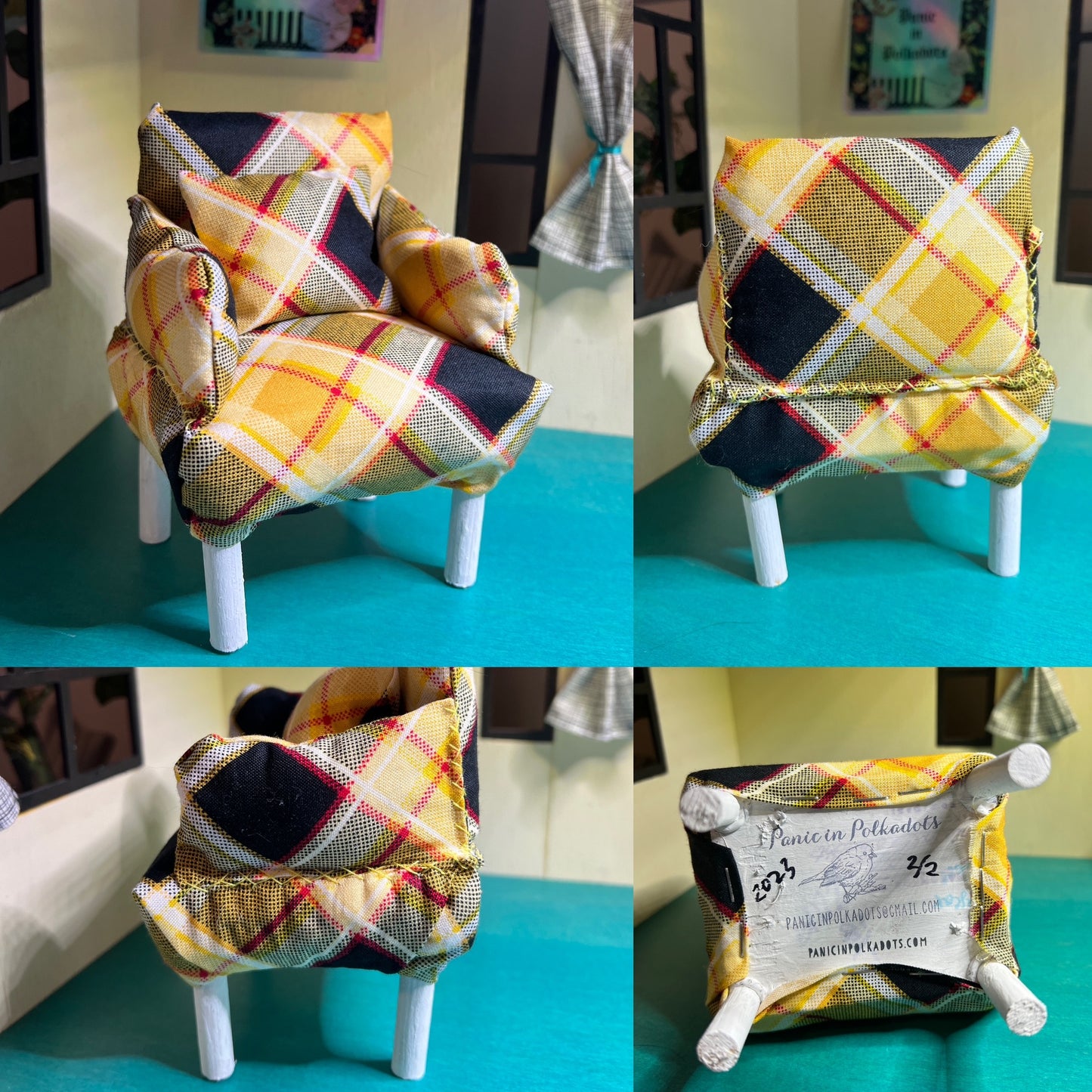 Barbie chair yellow plaid in a grid showing all views
