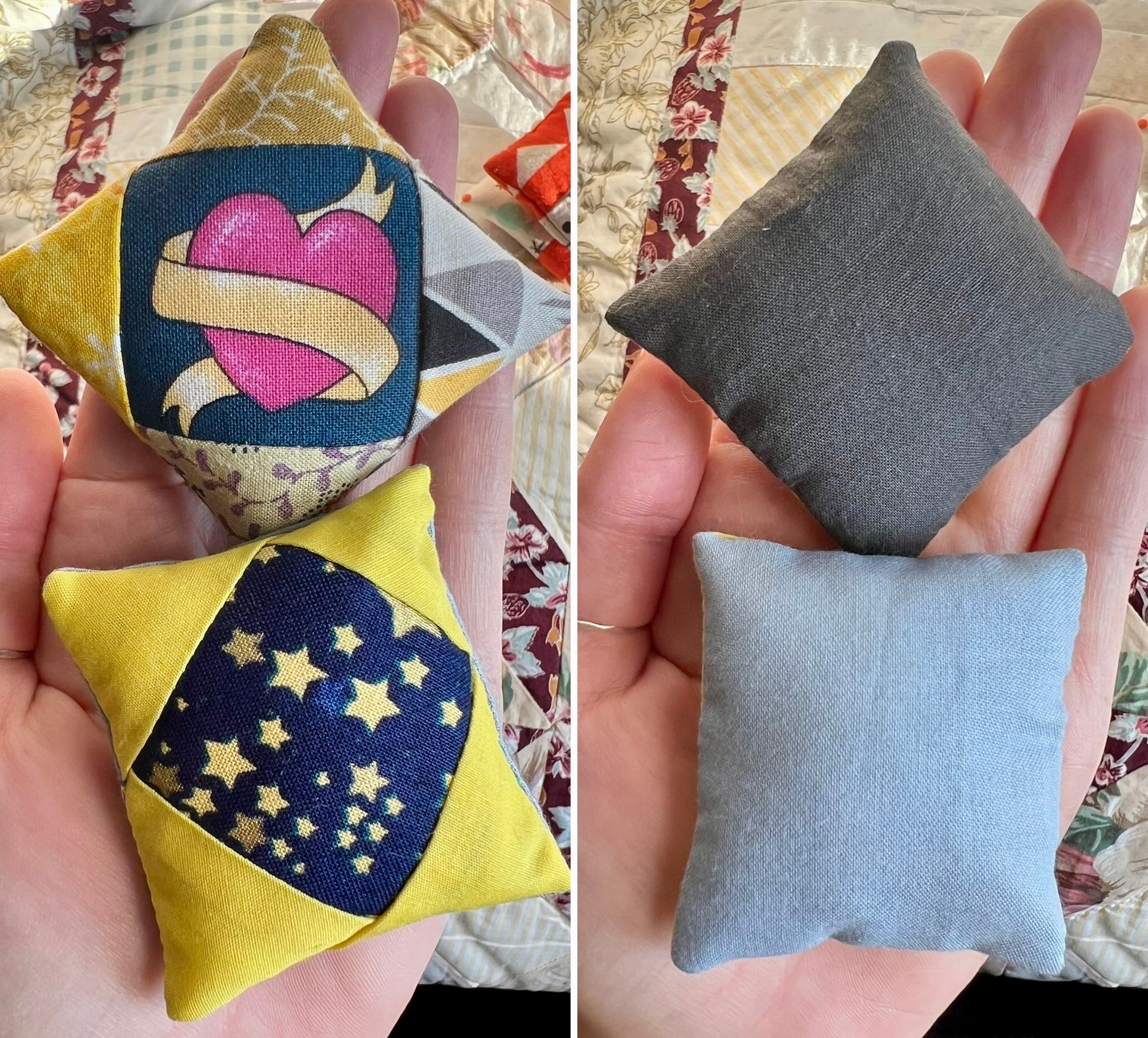 Two sets of small fabric pillows held in hands, one with decorative patterns and colors, the other with plain gray and blue.