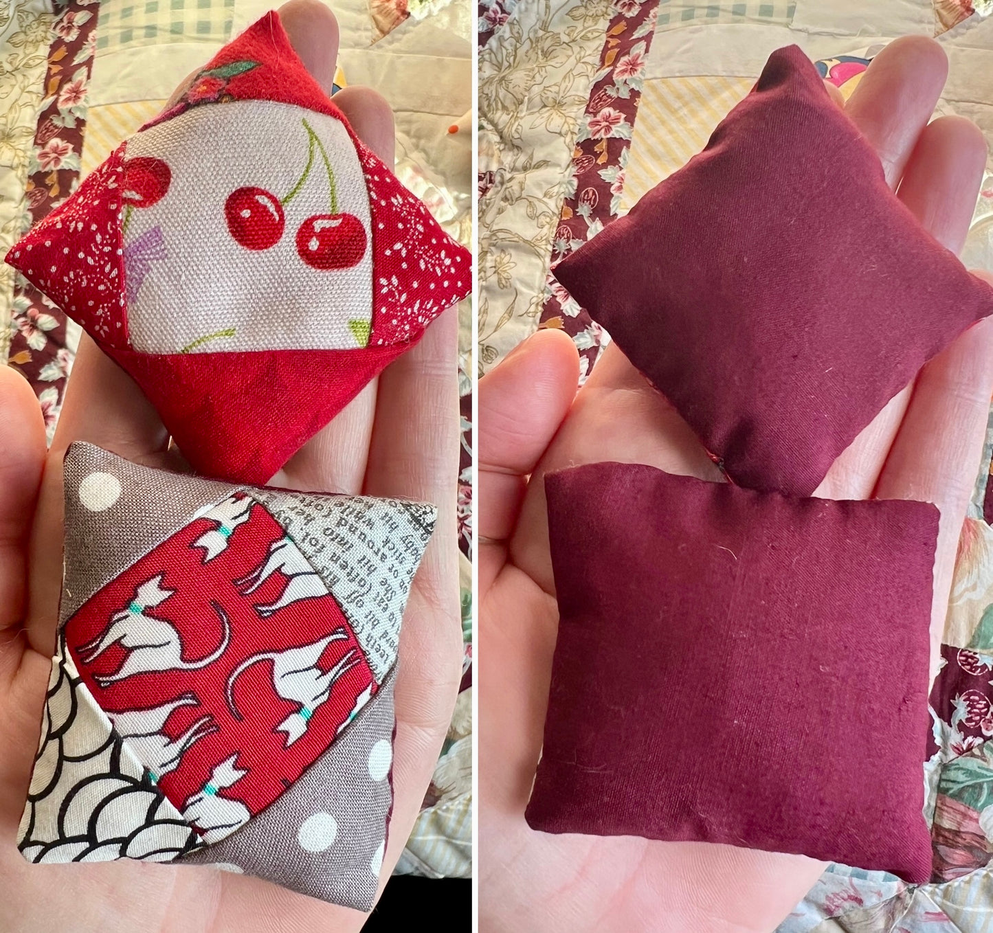 Collage of three fabric pillows held in hands, with different patterns and colors.