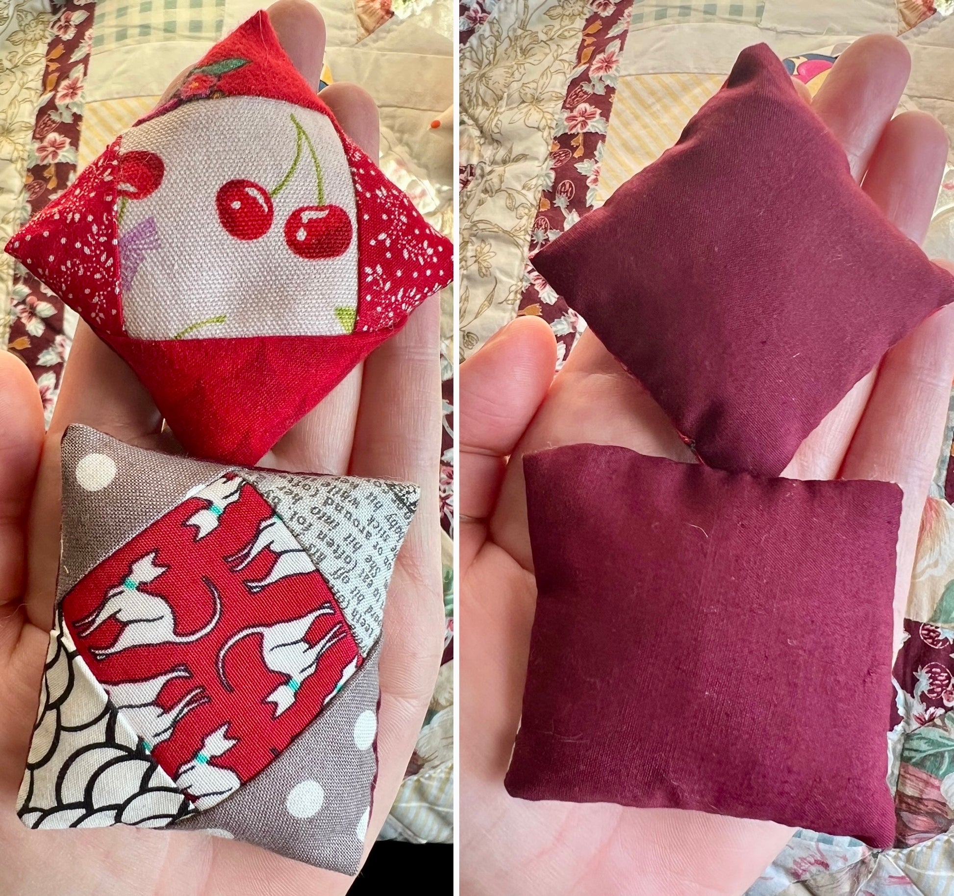 Collage of three fabric pillows held in hands, with different patterns and colors.