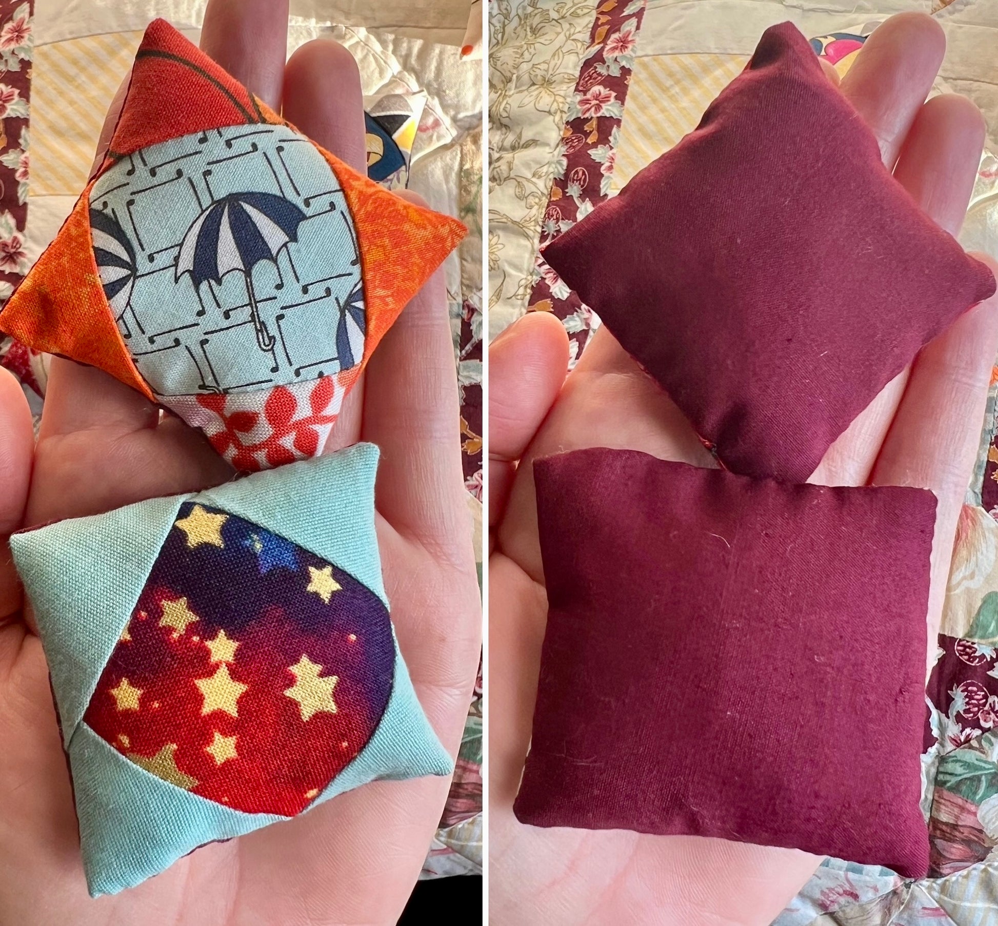 Three small fabric pillows held in a hand against a patterned background.