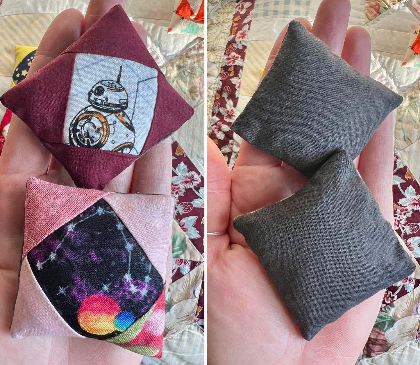 Two small fabric pillows with printed designs held in hands against a patterned background.