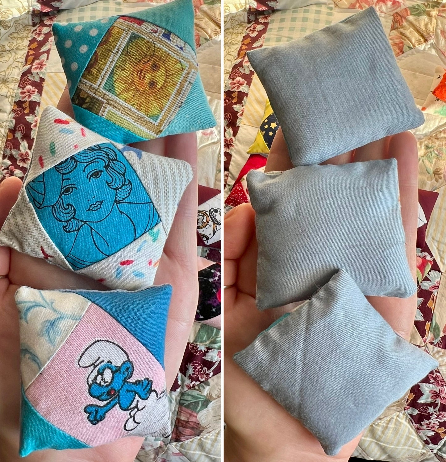 Collection of small fabric pillows with various designs held by a hand on a patterned background.