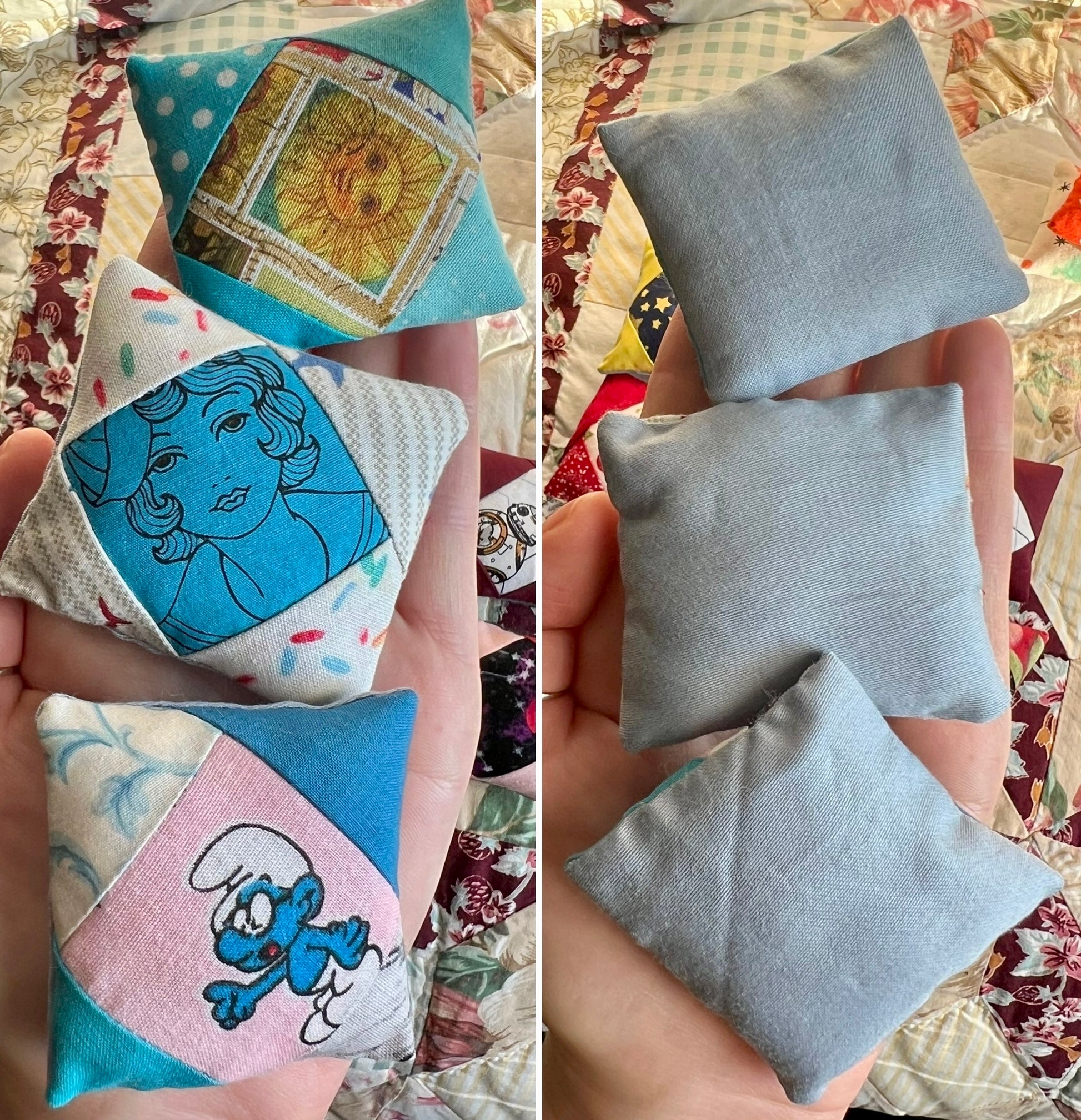 Collection of small fabric pillows with various designs held by a hand on a patterned background.