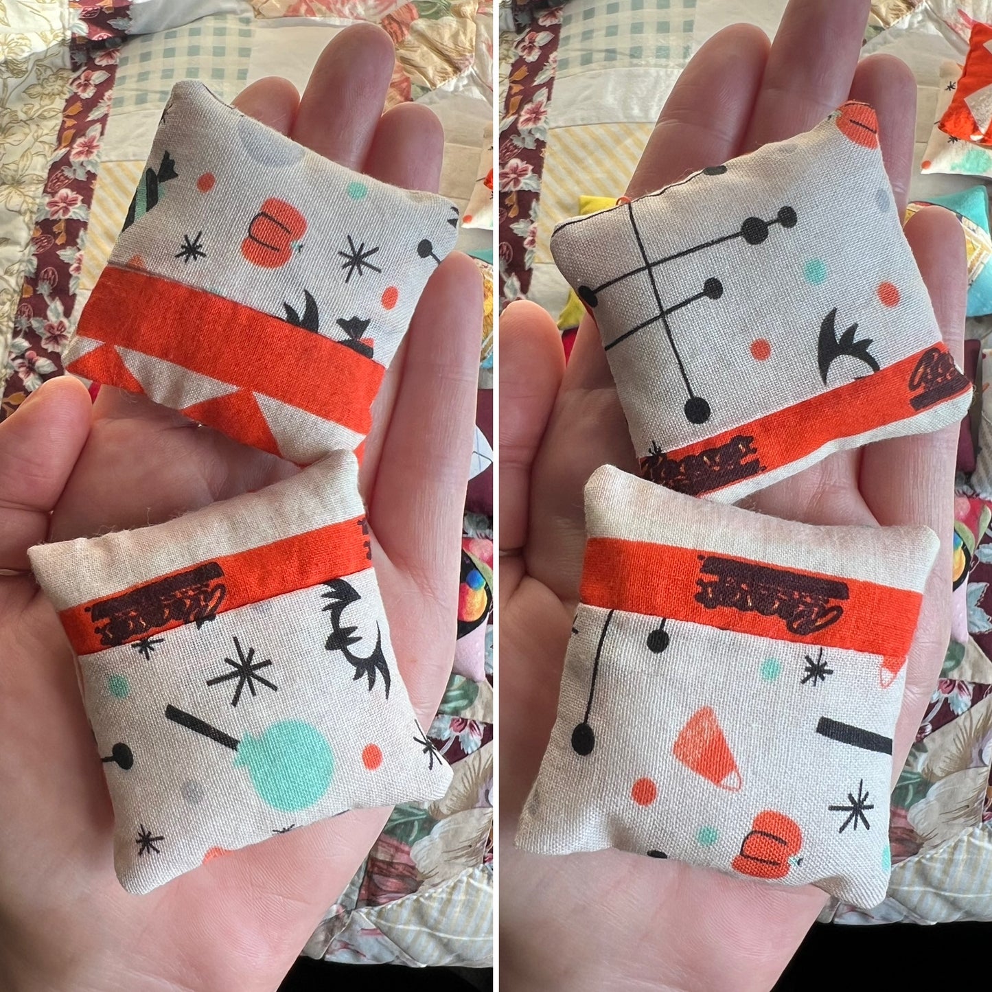 Two small fabric pillows with colorful patterns held in a hand against a patterned background.