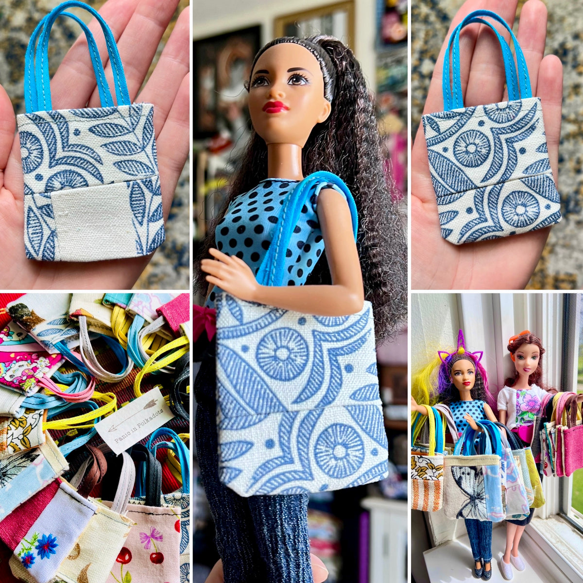 Collage of a barbie doll holding a floral handbag with close-up shots of the bag and various other bags.
