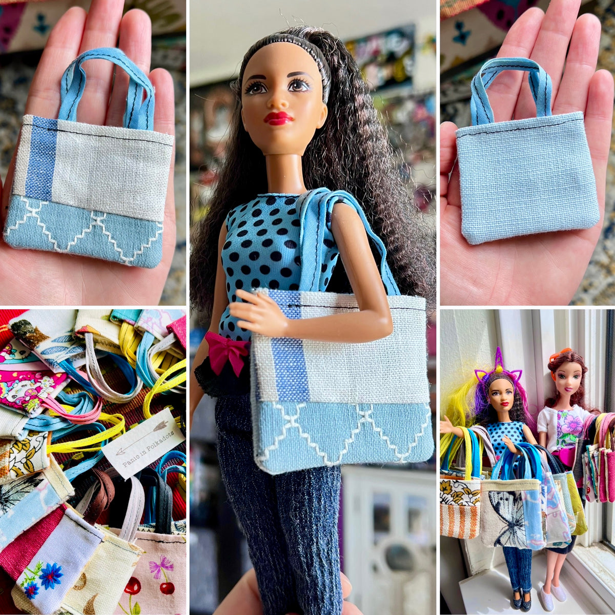 Collage of a barbie doll holding a floral handbag with close-up shots of the bag and various other bags.