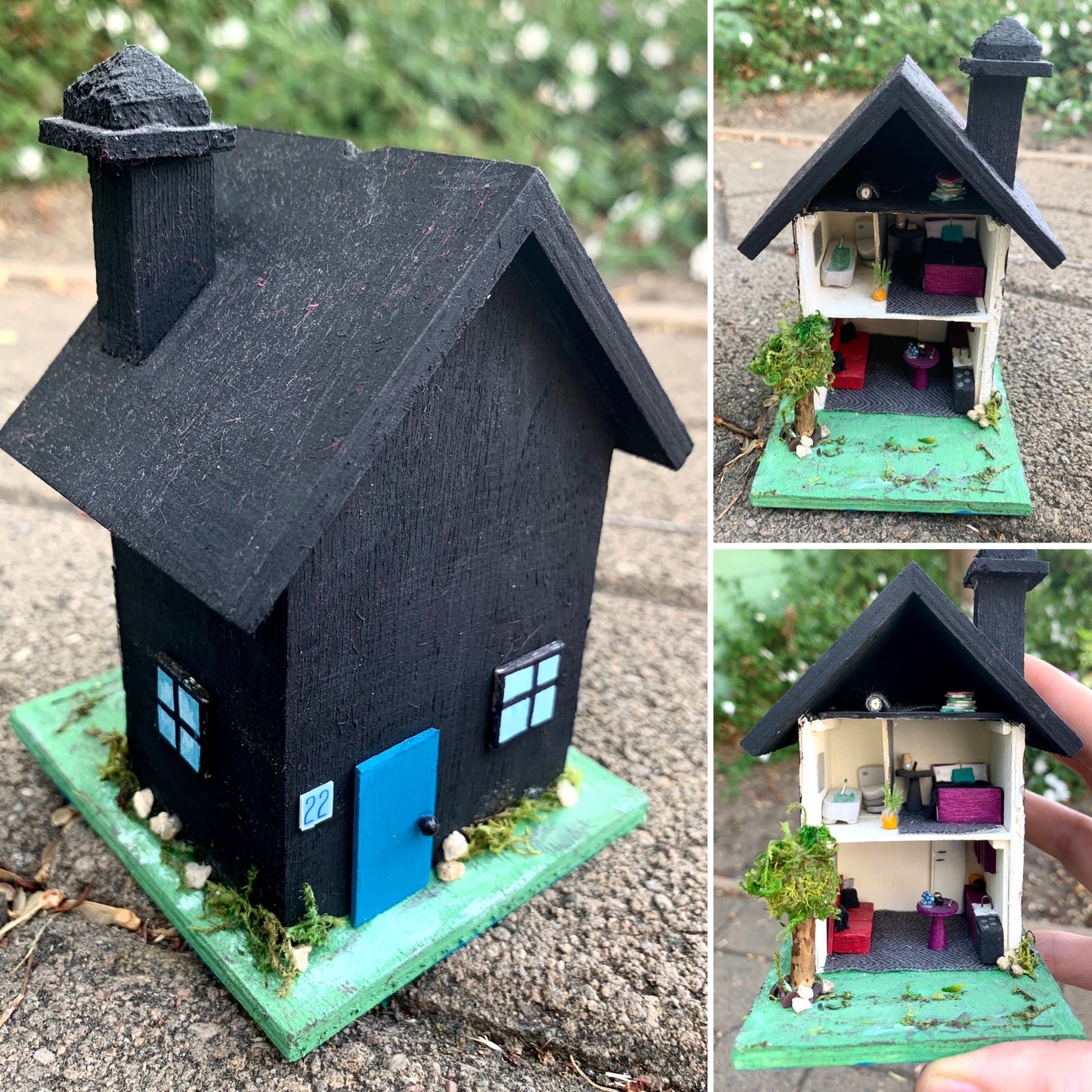 Collage of a miniature black house with blue door on a green base, showing interior details.
