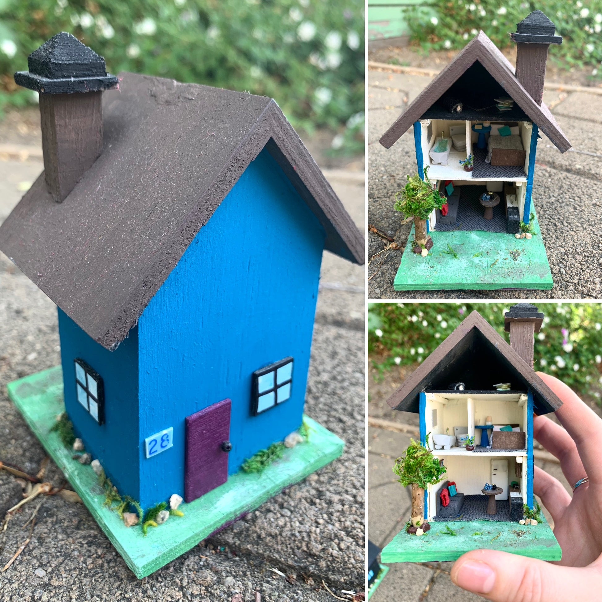 Collage of a small blue model house with interior details.