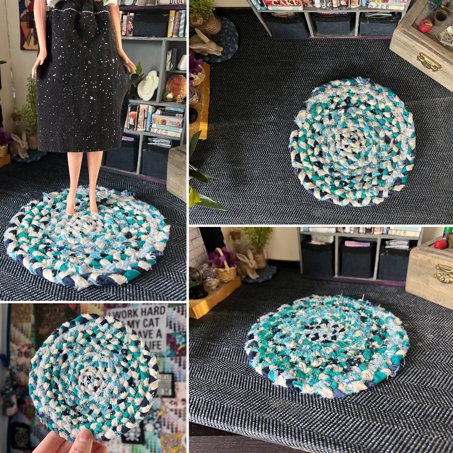 Barbie braided dollhouse rug photo grid, in a miniature dollhouse room for scale and styling, as well as closeup and handheld views