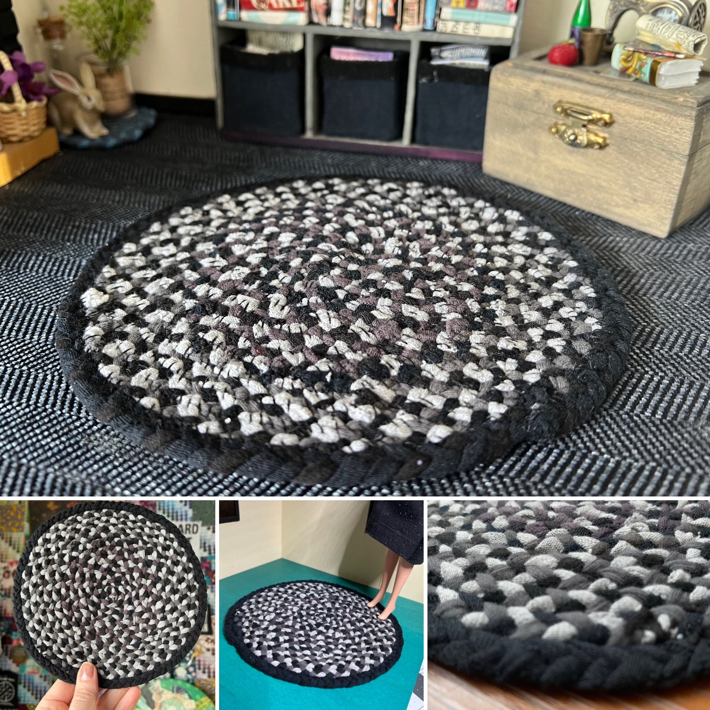 Barbie braided dollhouse rug photo grid, in a miniature dollhouse room for scale and styling, as well as closeup and handheld views