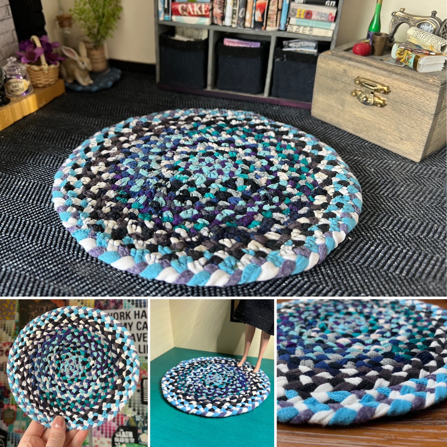Barbie braided dollhouse rug photo grid, in a miniature dollhouse room for scale and styling, as well as closeup and handheld views
