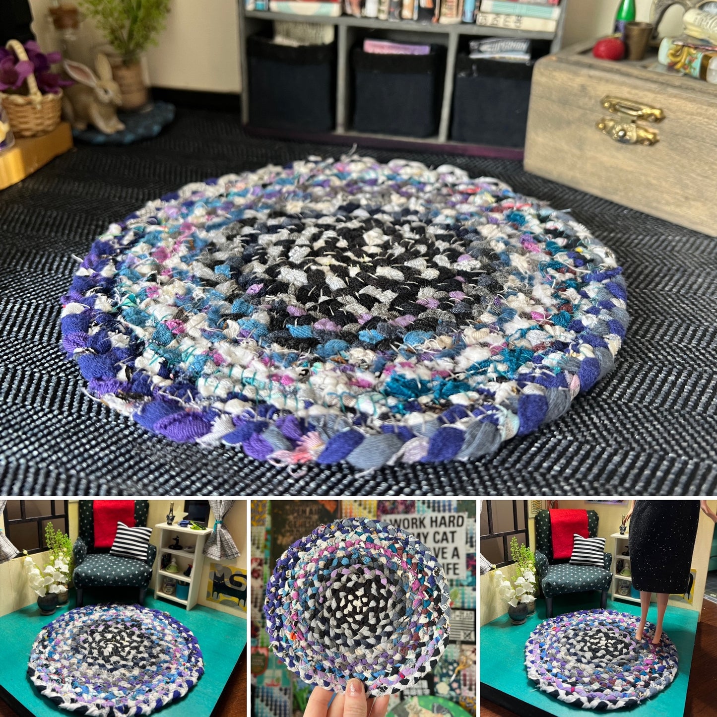 Barbie braided dollhouse rug photo grid, in a miniature dollhouse room for scale and styling, as well as closeup and handheld views