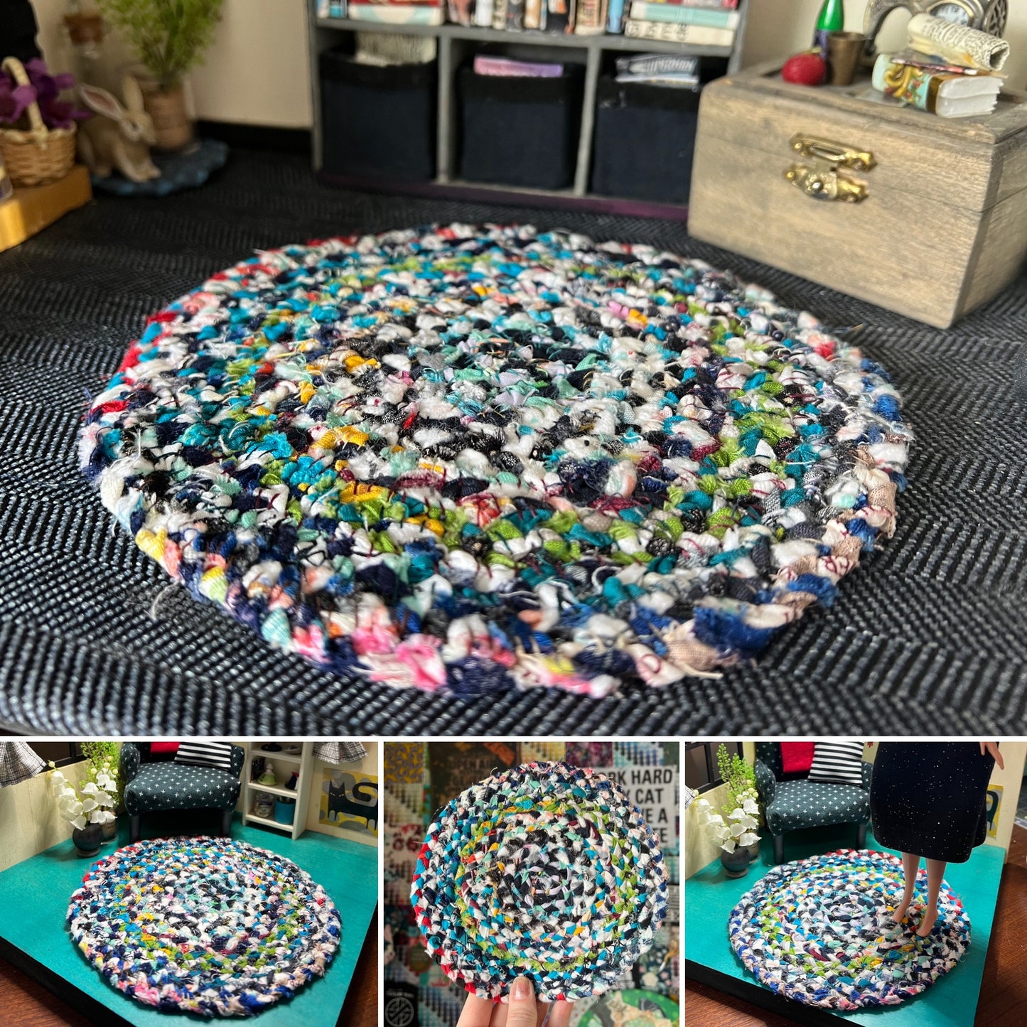 Barbie braided dollhouse rug photo grid, in a miniature dollhouse room for scale and styling, as well as closeup and handheld views