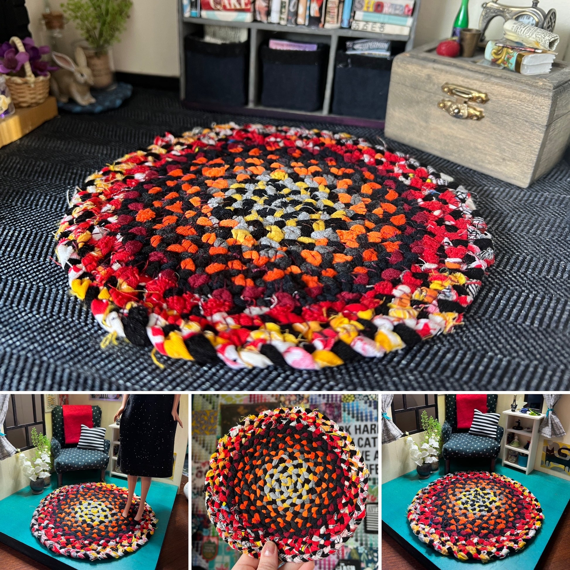 Barbie braided dollhouse rug photo grid, in a miniature dollhouse room for scale and styling, as well as closeup and handheld views