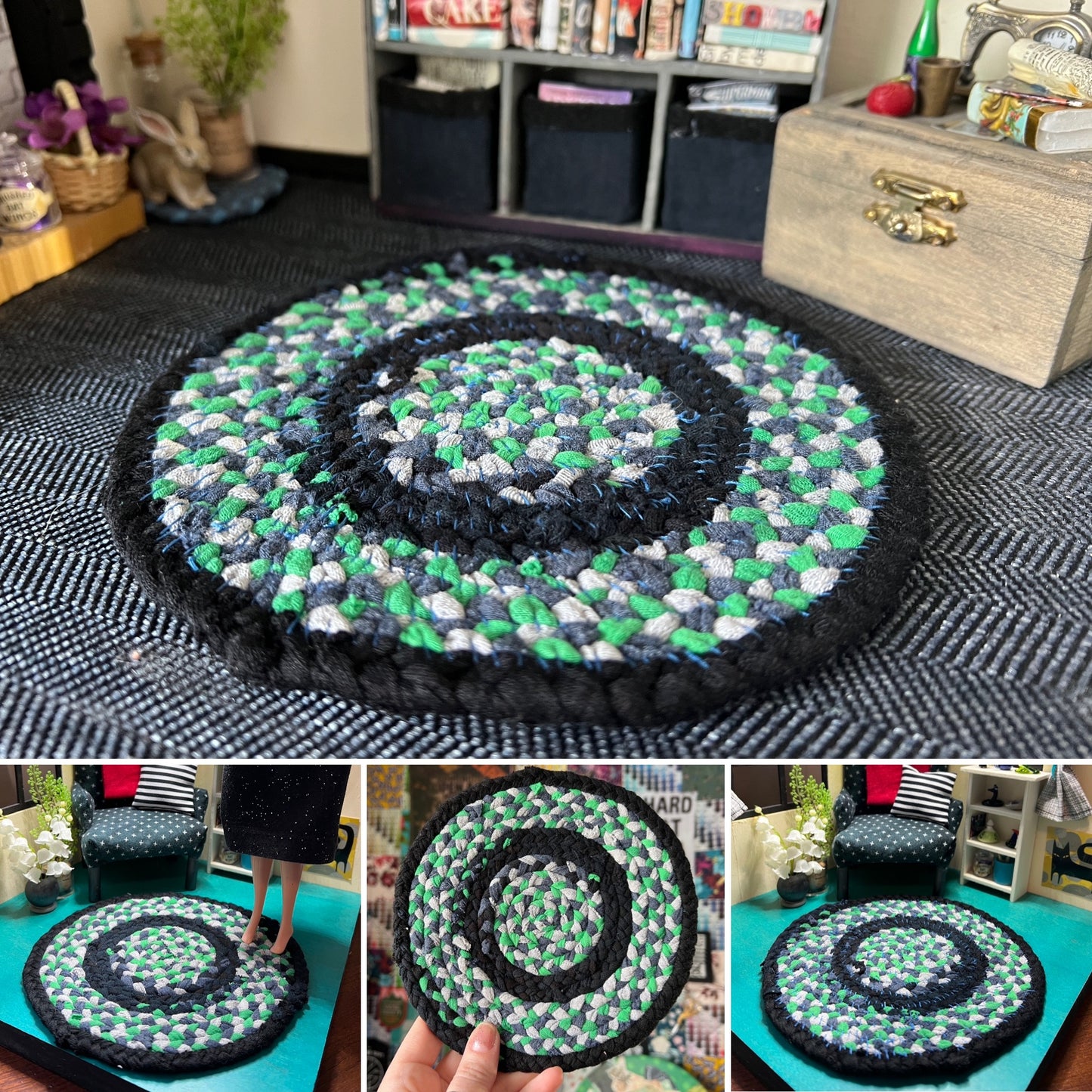 Barbie braided dollhouse rug photo grid, in a miniature dollhouse room for scale and styling, as well as closeup and handheld views