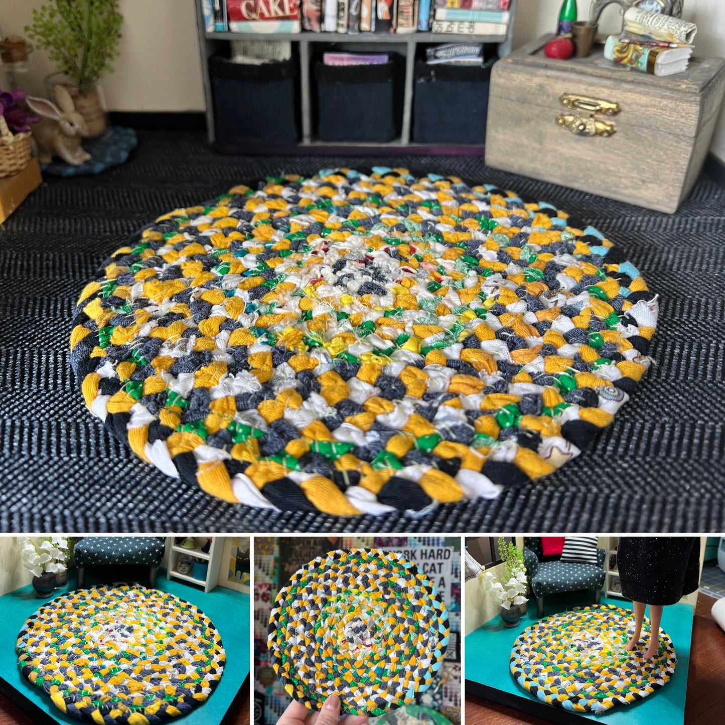 Barbie braided dollhouse rug photo grid, in a miniature dollhouse room for scale and styling, as well as closeup and handheld views