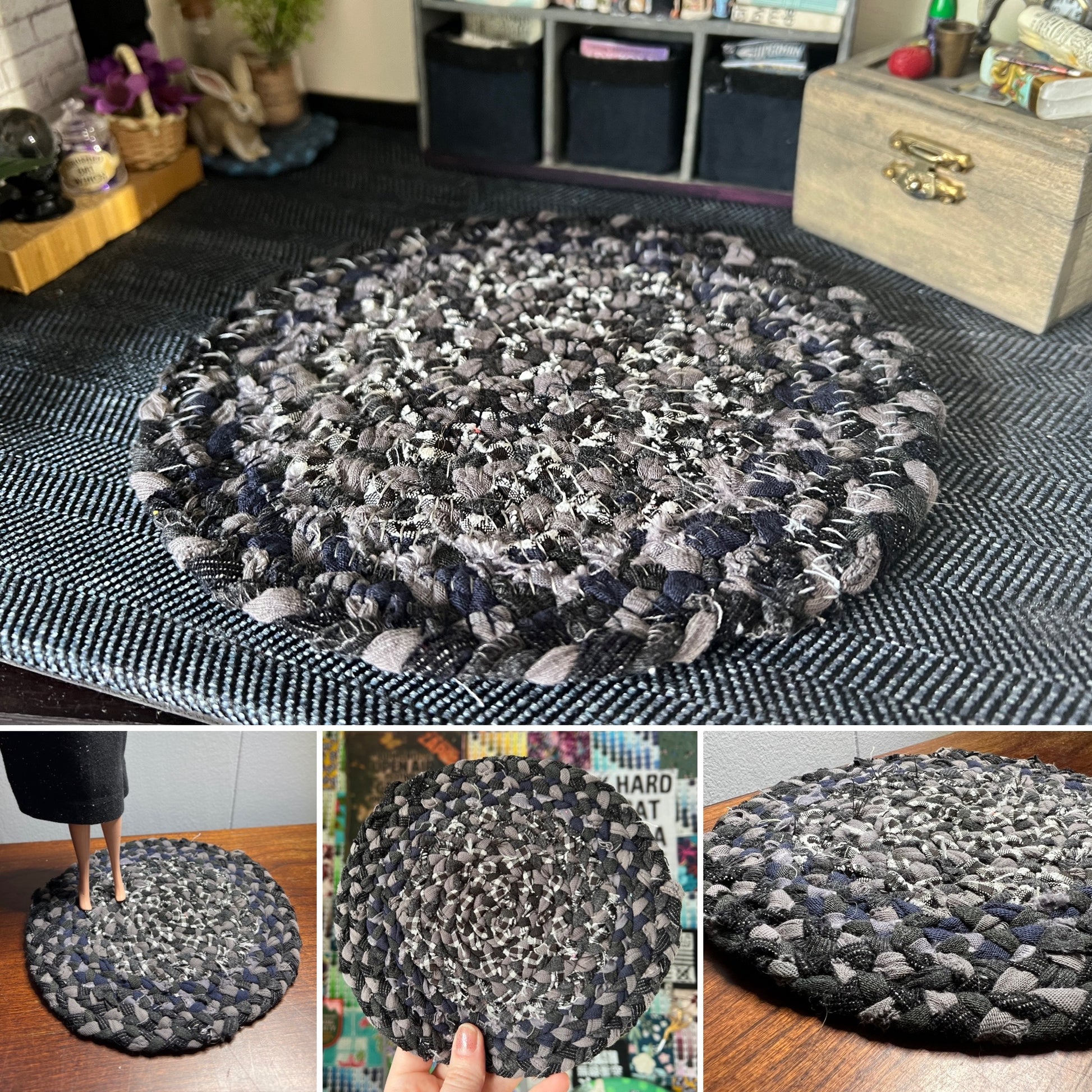 Barbie braided dollhouse rug photo grid, in a miniature dollhouse room for scale and styling, as well as closeup and handheld views