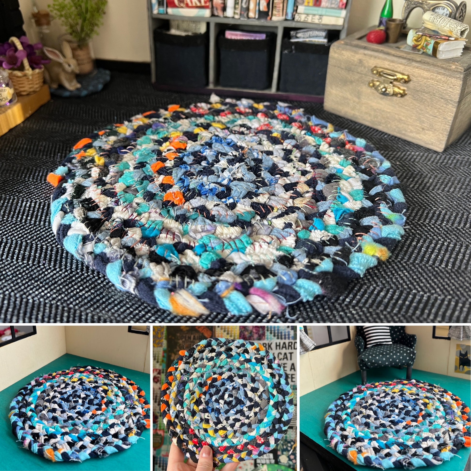 Barbie braided dollhouse rug photo grid, in a miniature dollhouse room for scale and styling, as well as closeup and handheld views