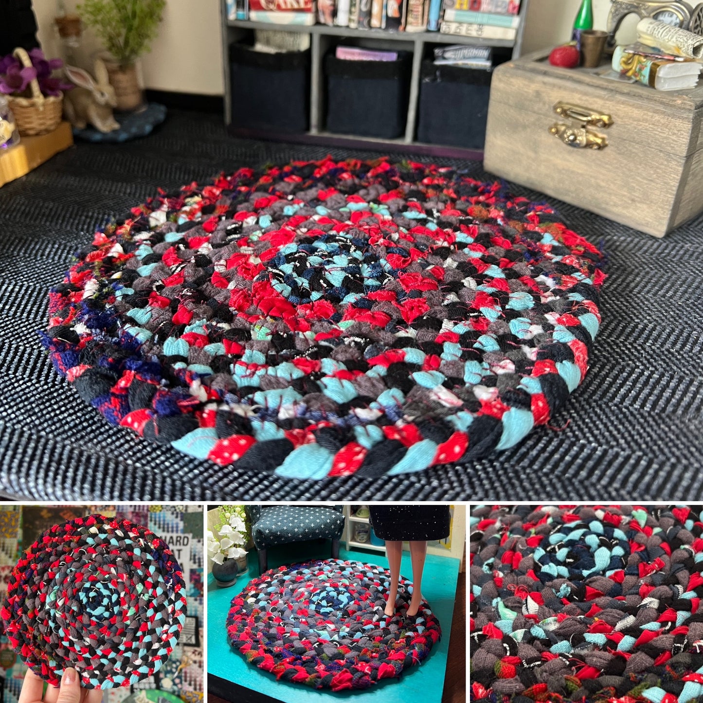 Barbie braided dollhouse rug photo grid, in a miniature dollhouse room for scale and styling, as well as closeup and handheld views