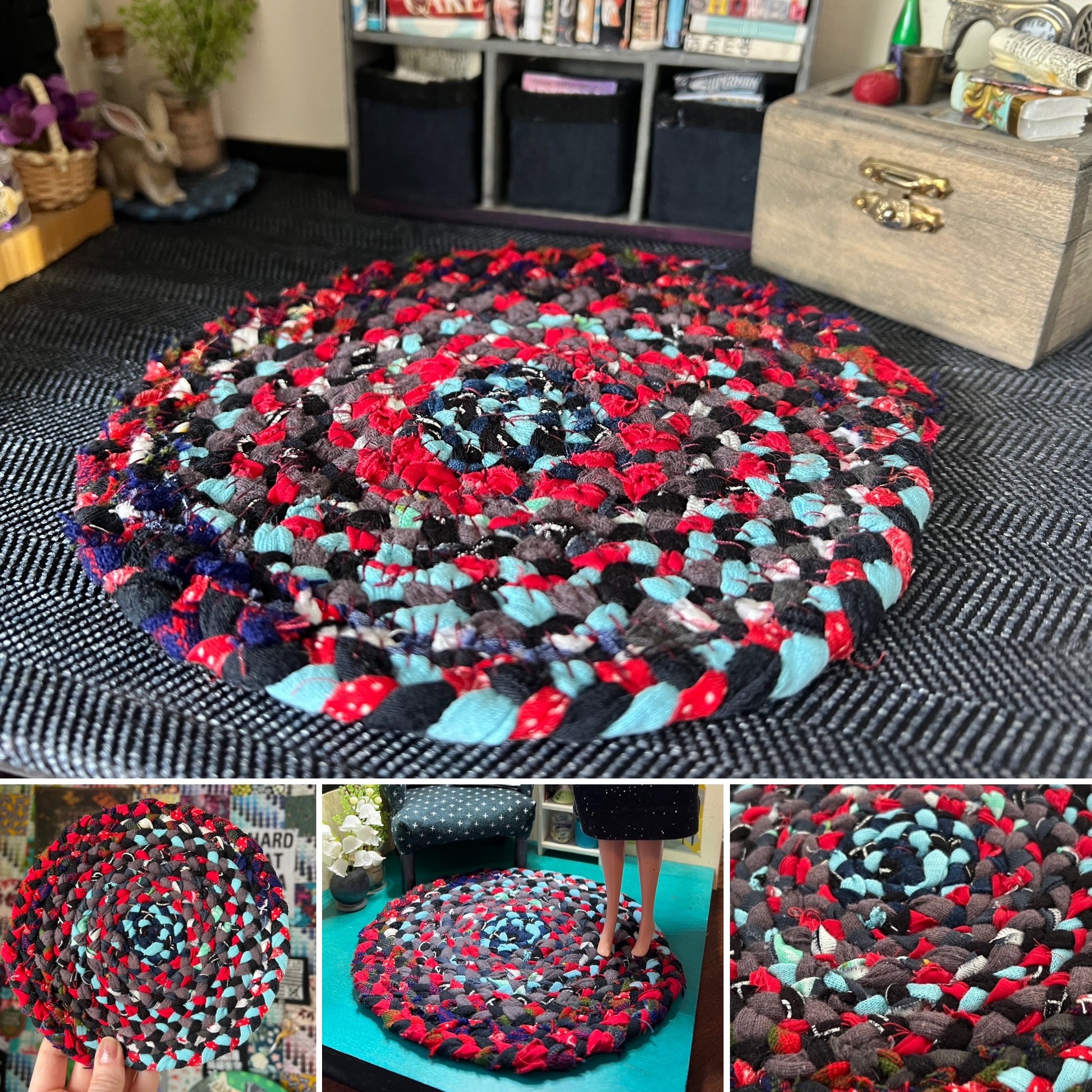 Barbie braided dollhouse rug photo grid, in a miniature dollhouse room for scale and styling, as well as closeup and handheld views