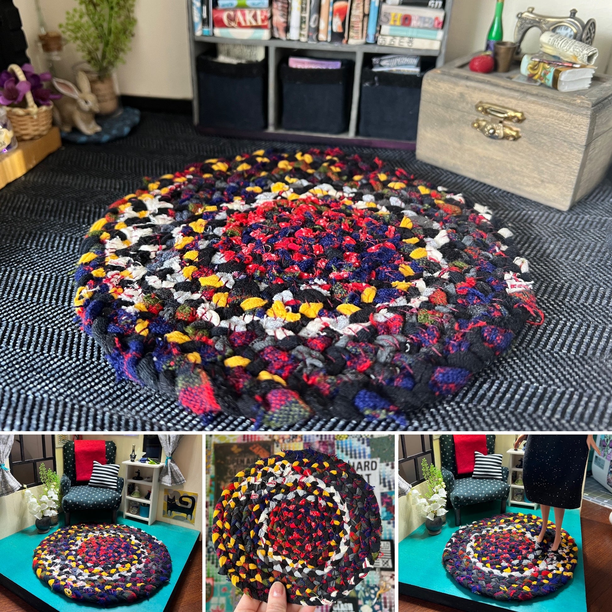 Barbie braided dollhouse rug photo grid, in a miniature dollhouse room for scale and styling, as well as closeup and handheld views