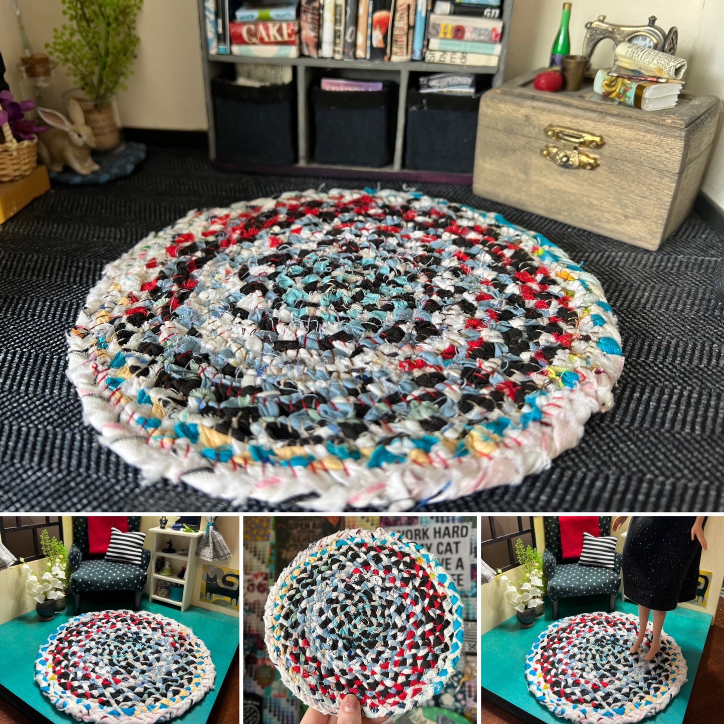 Barbie braided dollhouse rug photo grid, in a miniature dollhouse room for scale and styling, as well as closeup and handheld views
