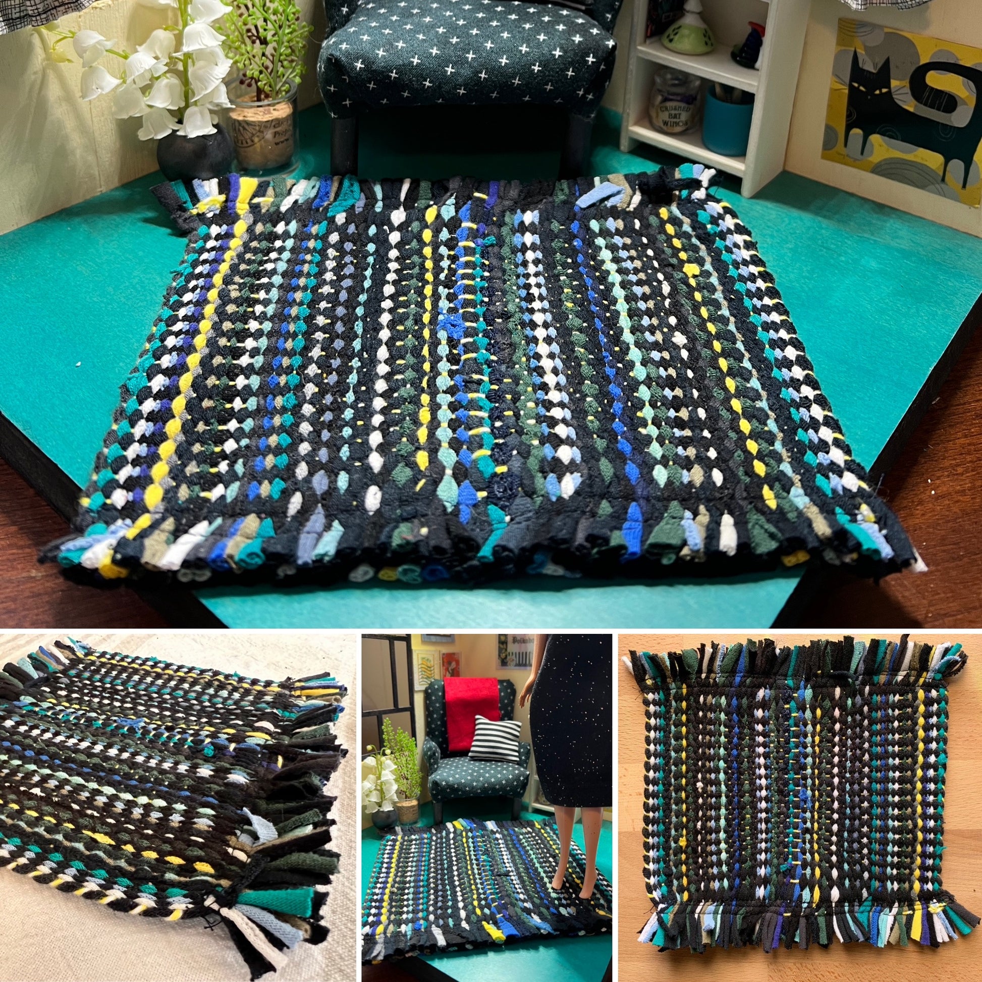 Barbie woven dollhouse rug photo grid, in a miniature dollhouse room for scale and styling, as well as closeup and aerial views