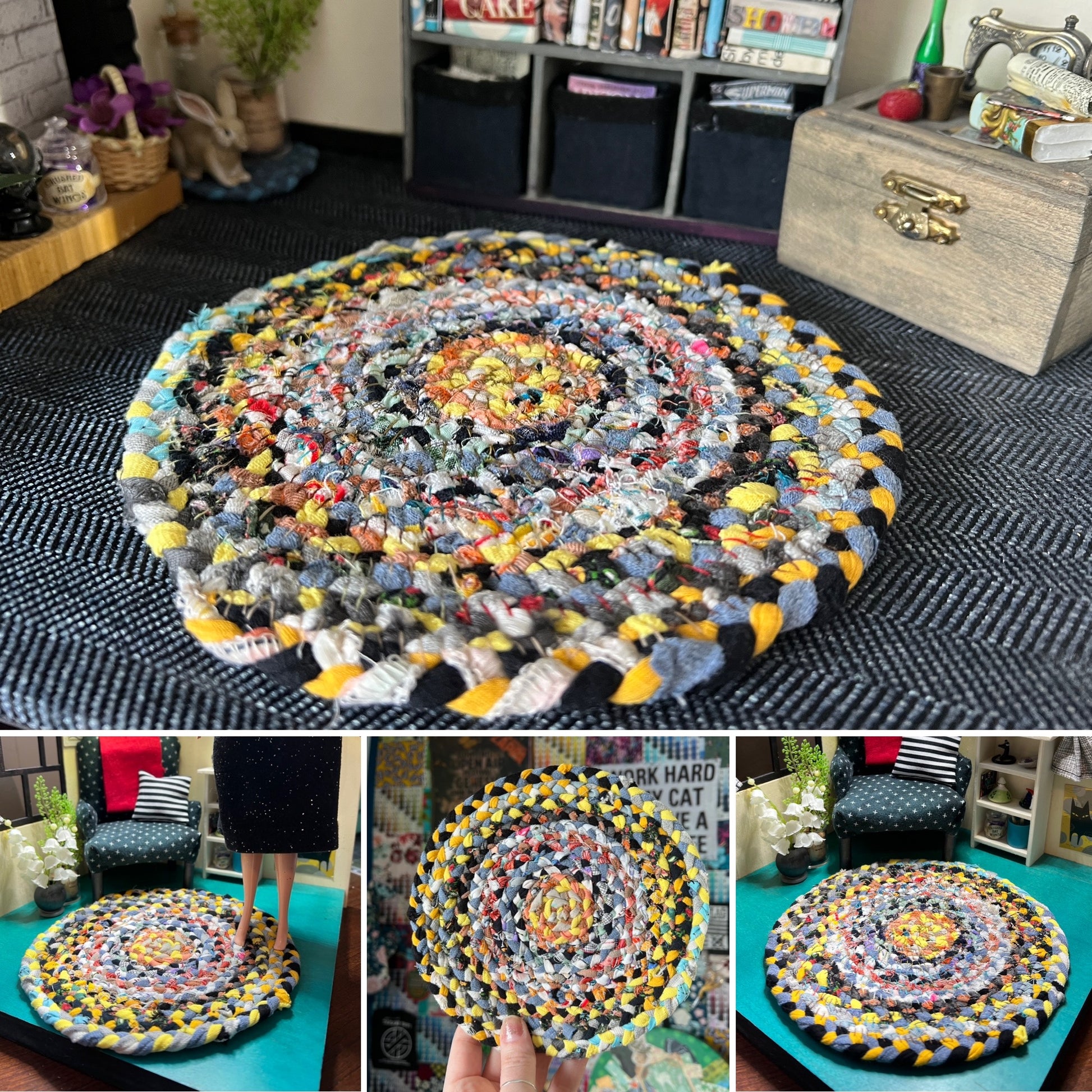 Barbie braided dollhouse rug photo grid, in a miniature dollhouse room for scale and styling, as well as closeup and handheld views