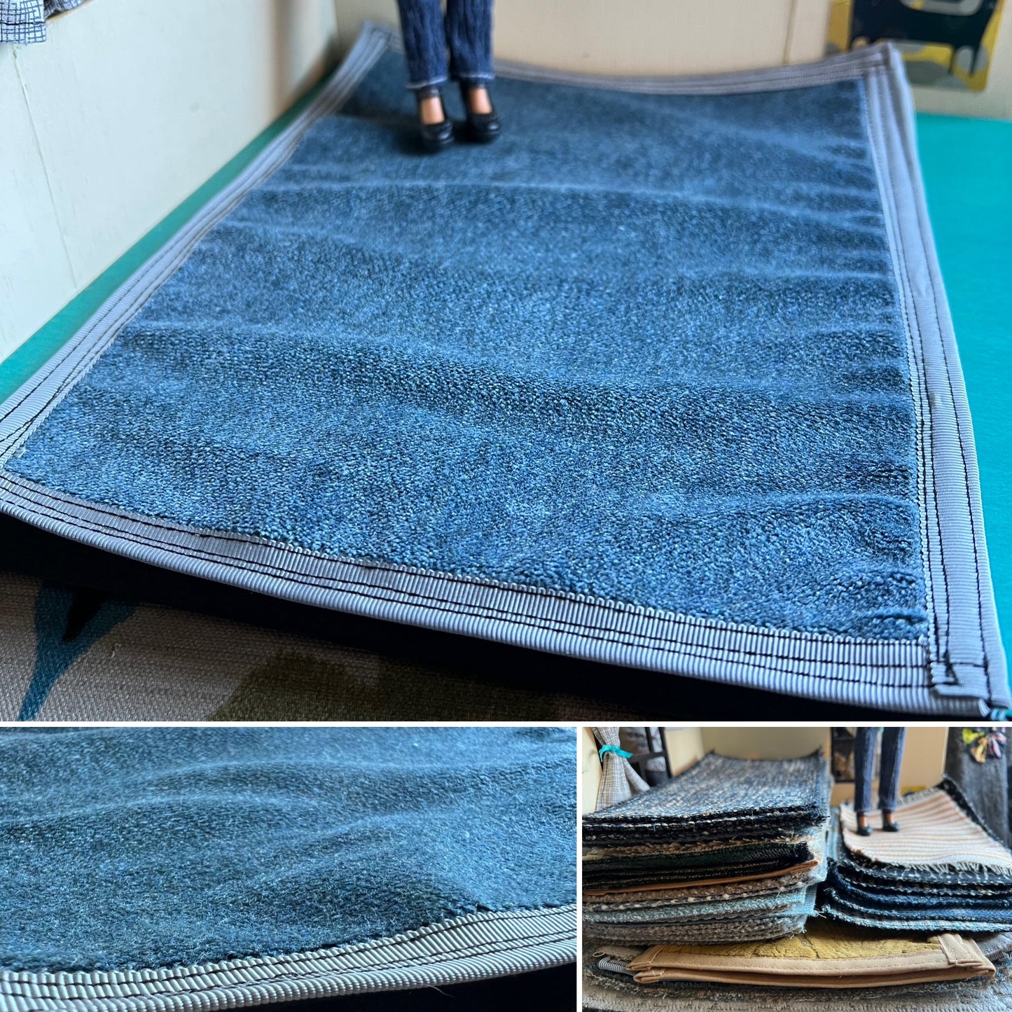 Blue carpet sample with close-up details on a green surface