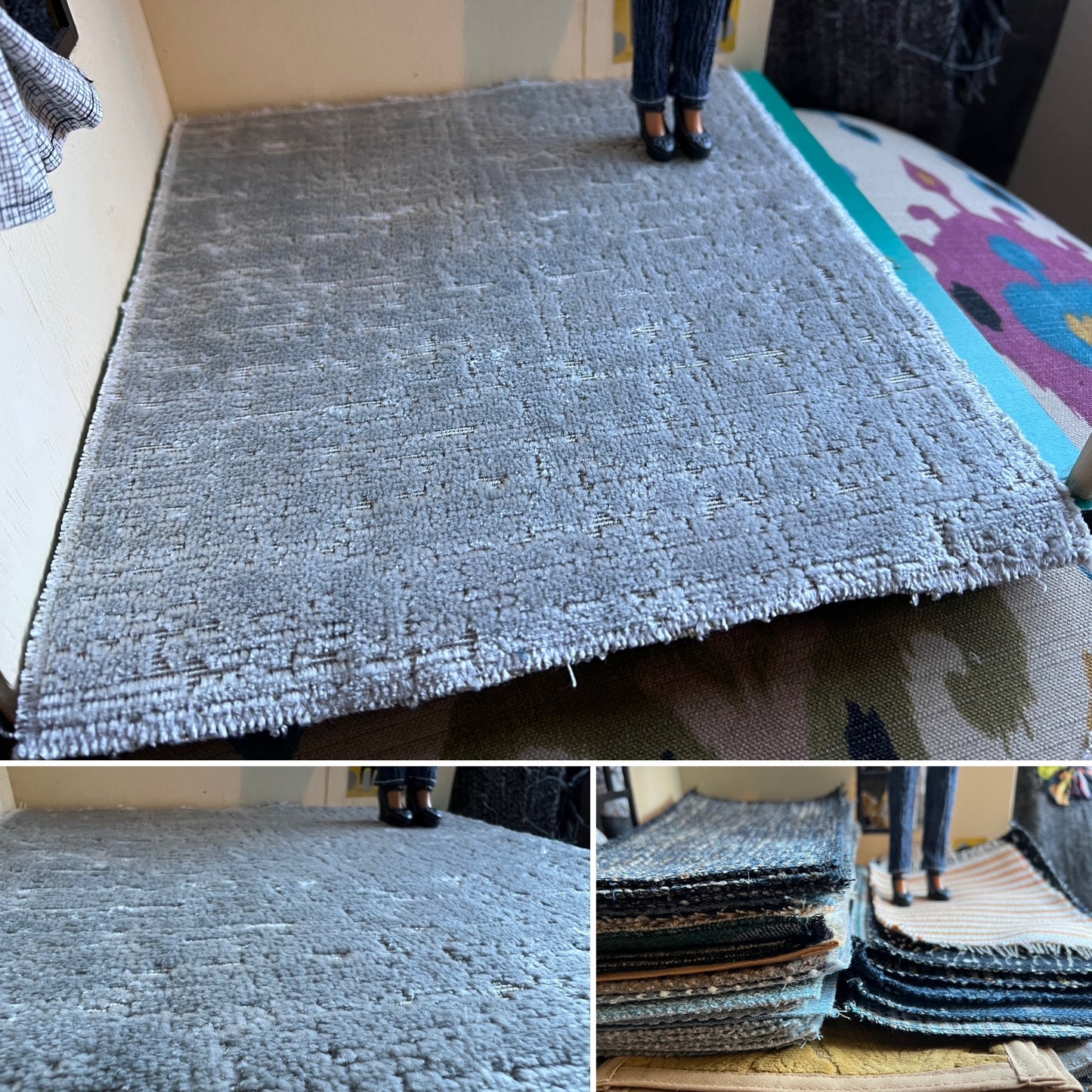 Collage of a textured gray rug with close-up details and a stack of similar rugs.