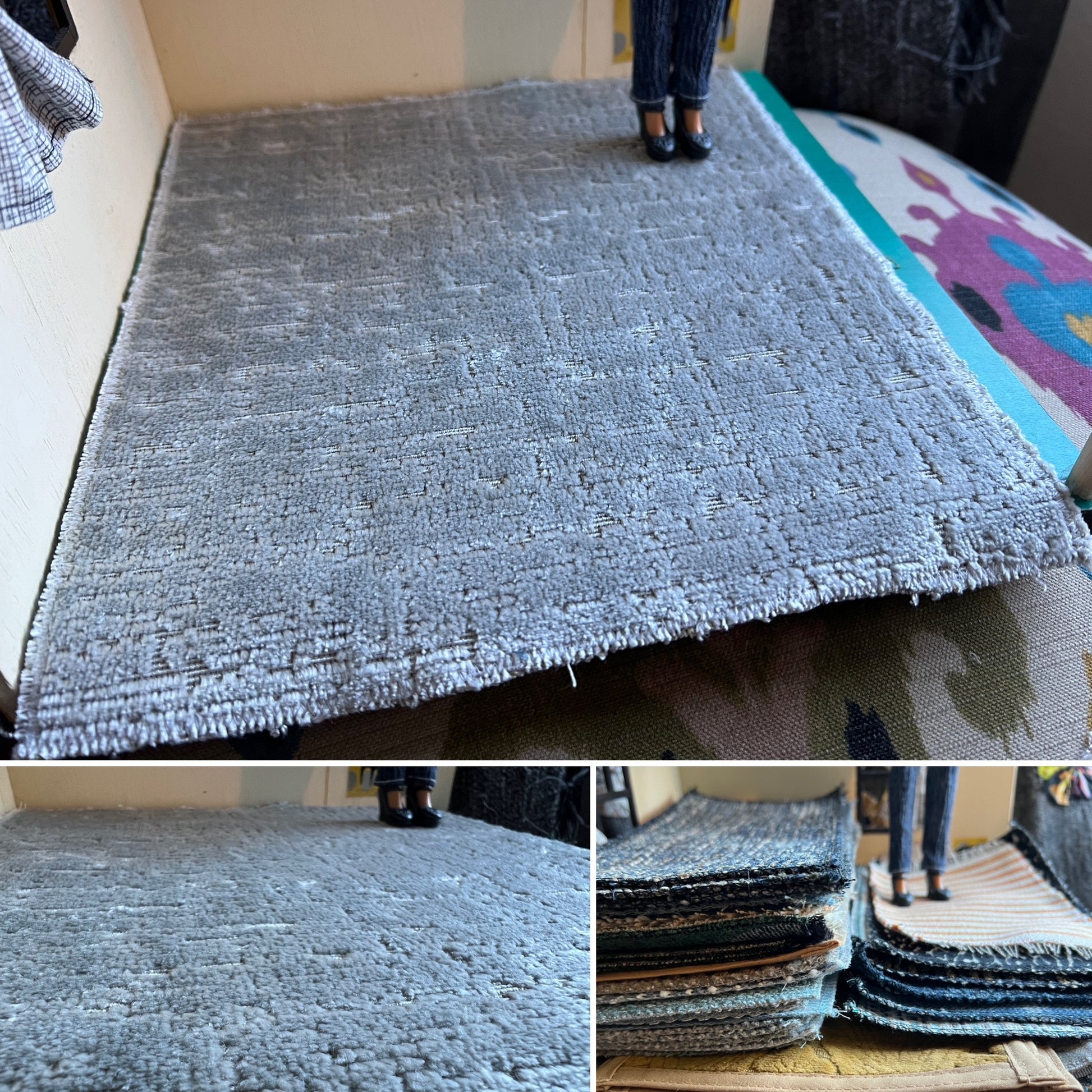 Collage of a textured gray rug with close-up details and a stack of similar rugs.