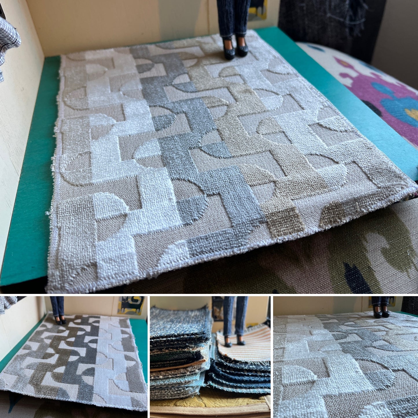Collage of a textured rug with geometric pattern on a green surface.