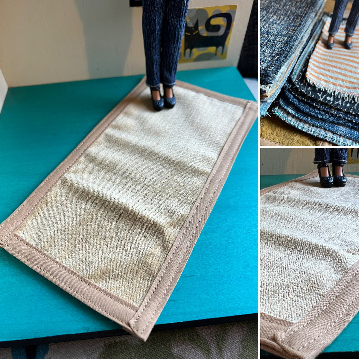 Textile sample on a blue surface with a doll standing on top wearing jeans and shoes.