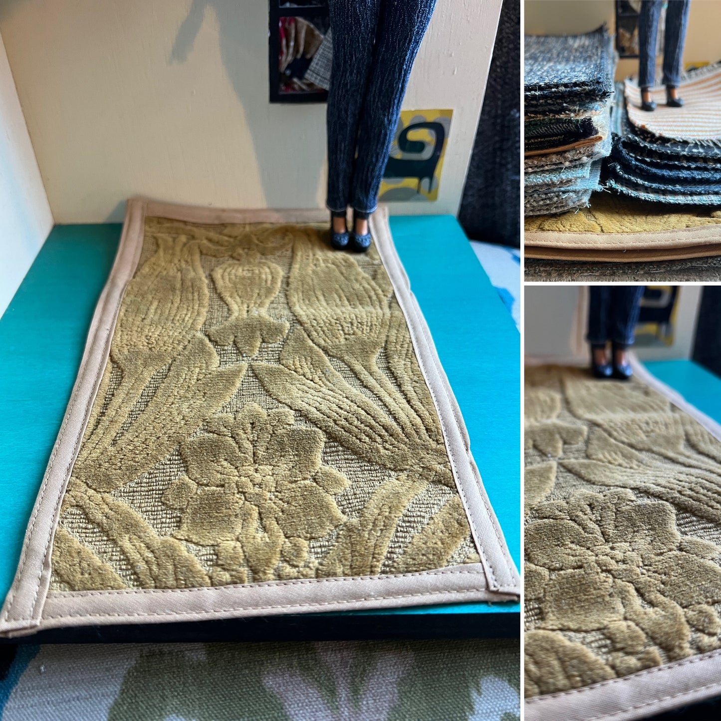 Collage of a textured green rug with patterns, displayed on a blue surface.