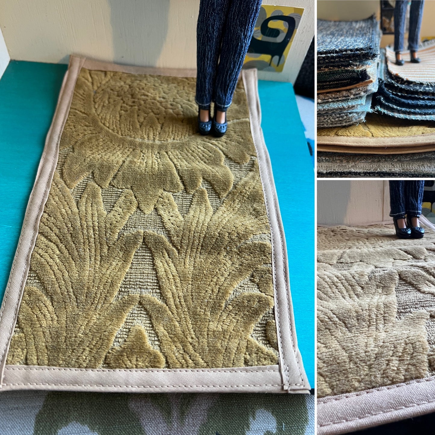 Textured green rug with a person stepping onto it, followed by a stack of similar rugs and a person walking on one.