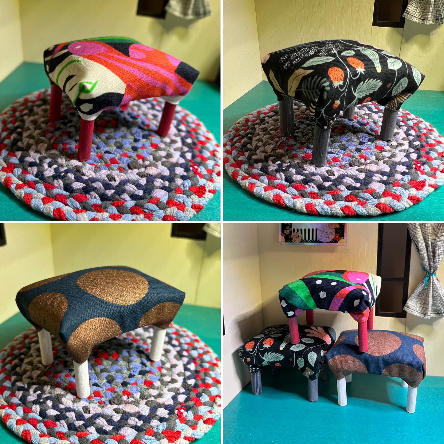 Barbie dollhouse ottomans in a photo grid, each within a miniature roombox