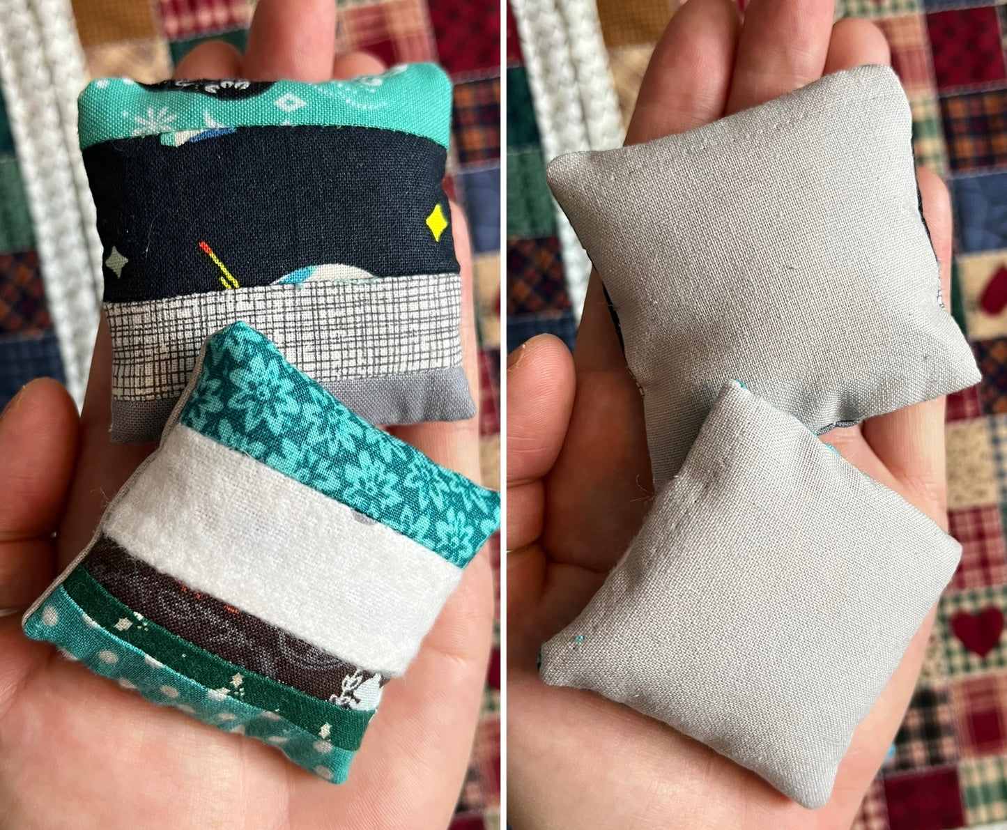 Small fabric pillows in various colors held in a hand for scale, showing front and back designs.