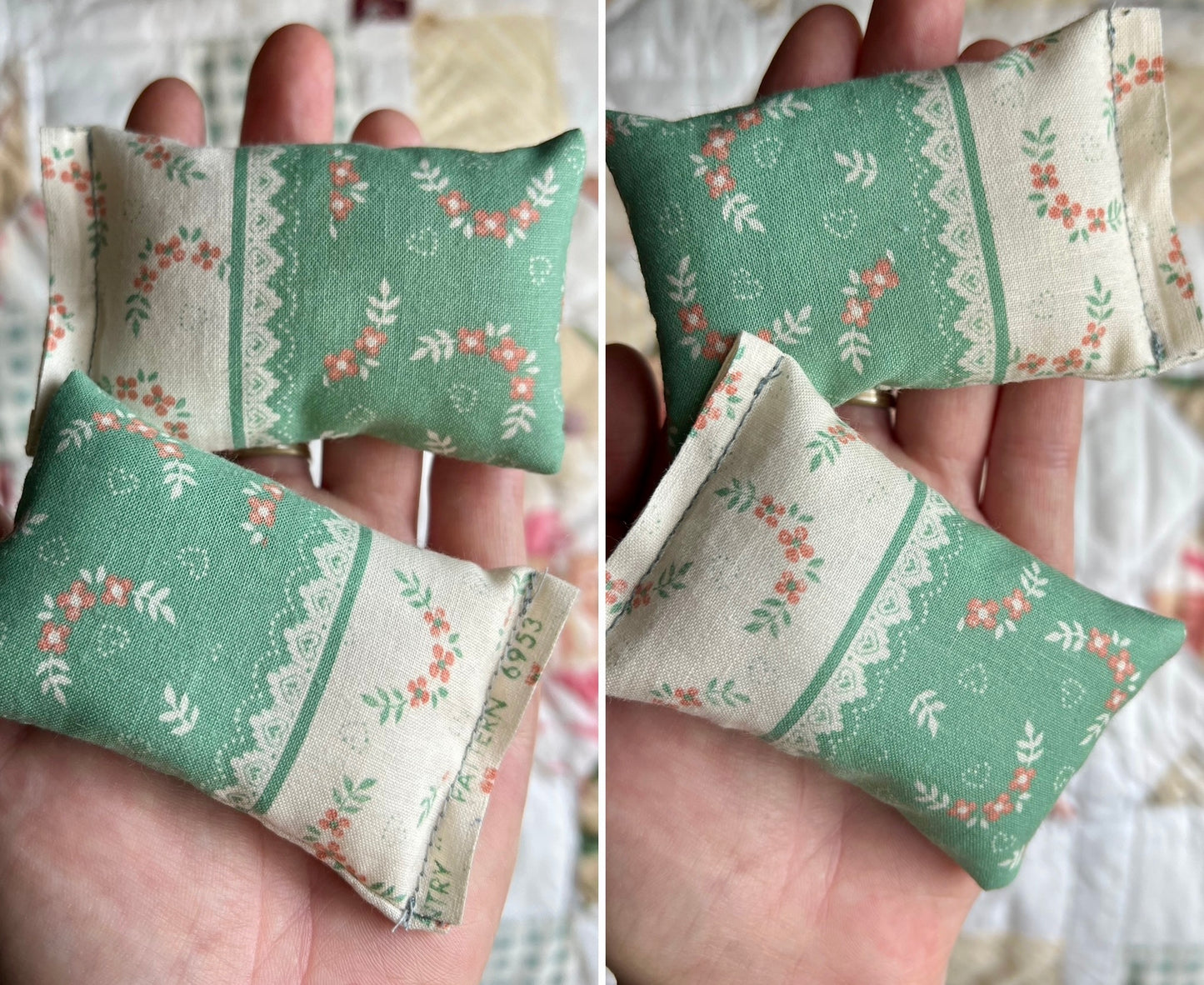 Two fabric pillows with floral patterns held in a hand against a blurred background