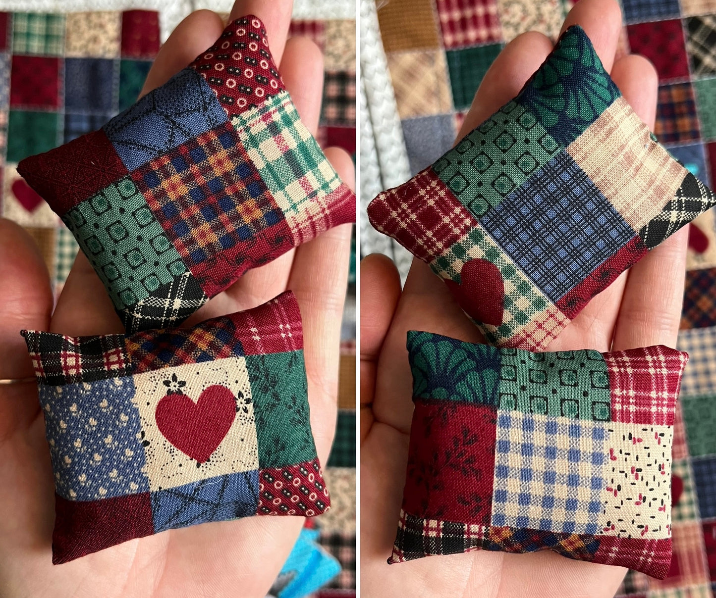 Two patchwork-style fabric pillows with heart designs held in hands against a colorful quilt background.