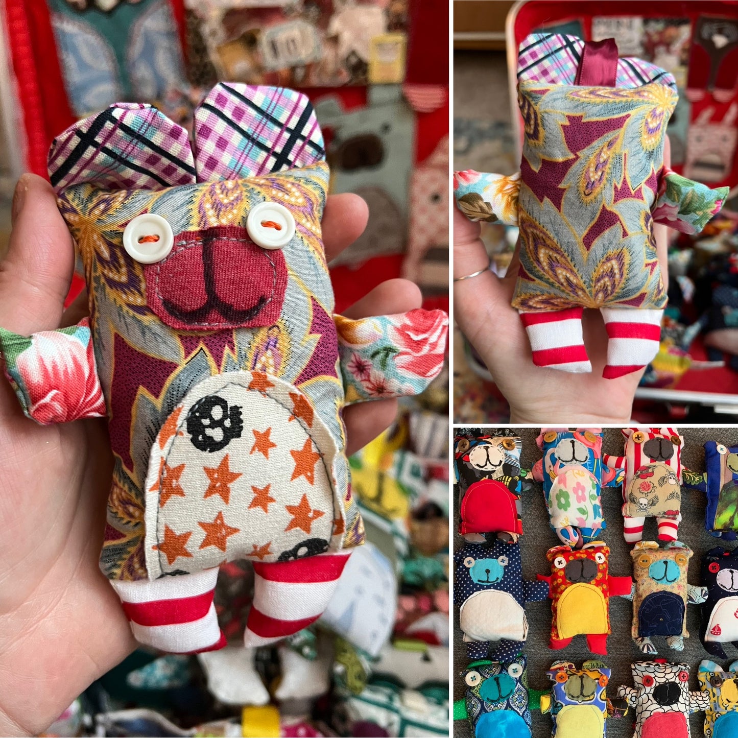 Collage of pics of a colorful fabric bear doll with various patterns and designs.