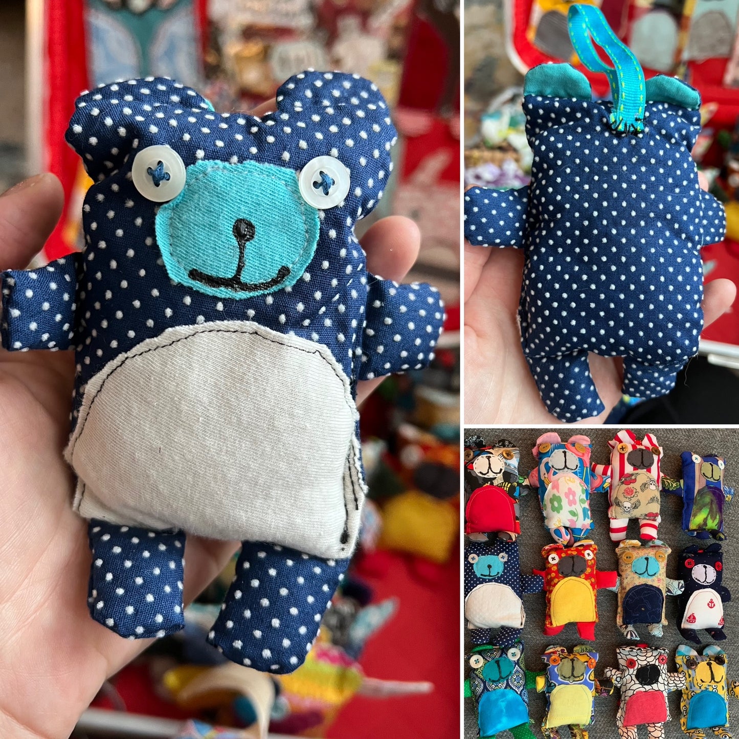 Small blue teddy bear with white polka dots held in a hand, surrounded by other colorful teddy bears.
