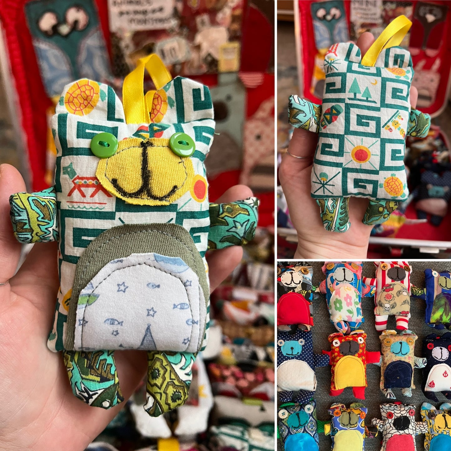 Colorful fabric toy held in a hand with a collage of similar toys in the background.