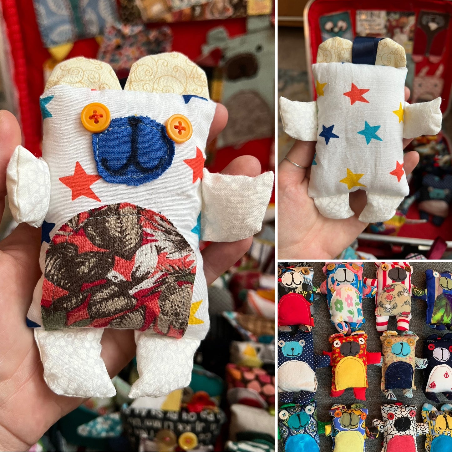 Colorful plush toy with star patterns held by a hand, surrounded by more toys in the background.