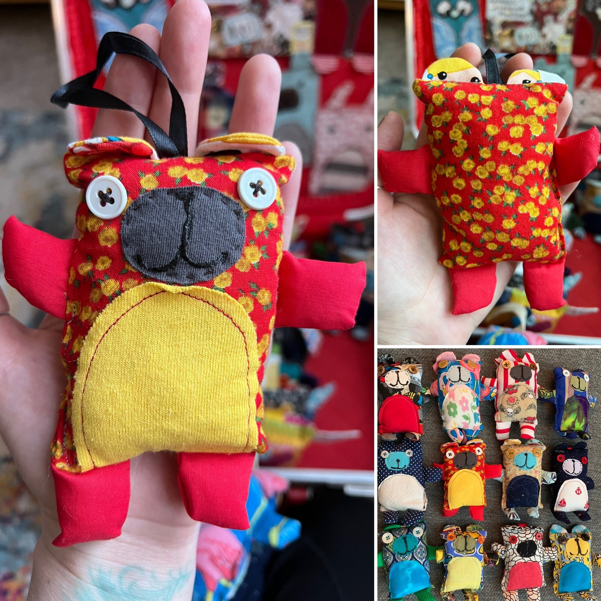 Colorful fabric toy with red and yellow design held by a hand, with additional images of similar toys.