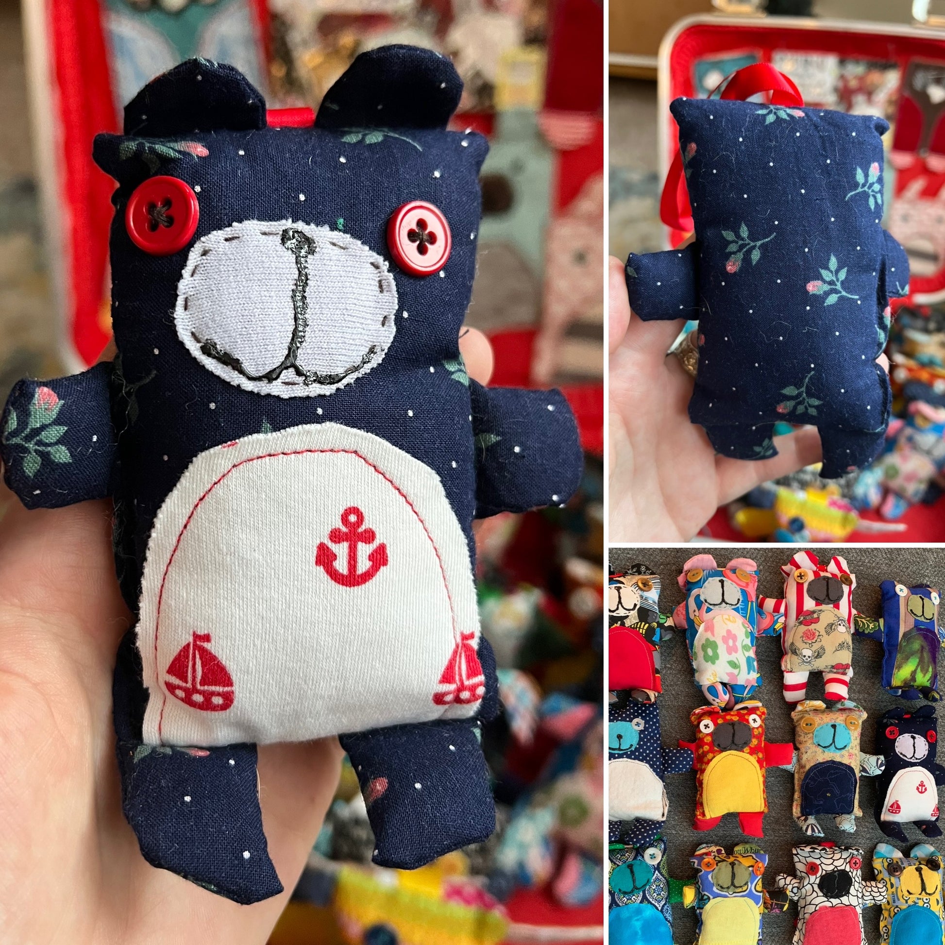 Collage of a blue plush toy with white belly and red accents, held in a hand.