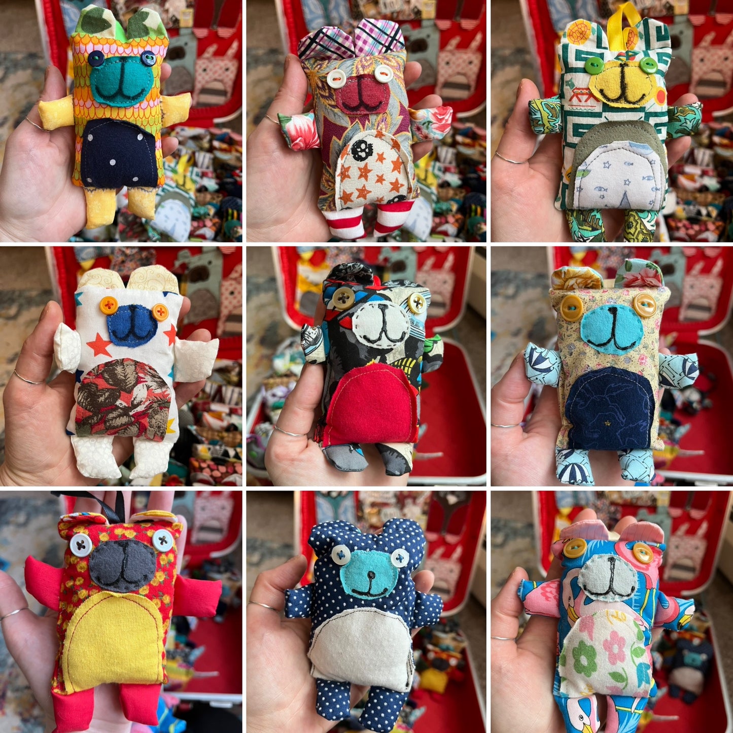 Collage of various small fabric bears held in hands against a colorful background.