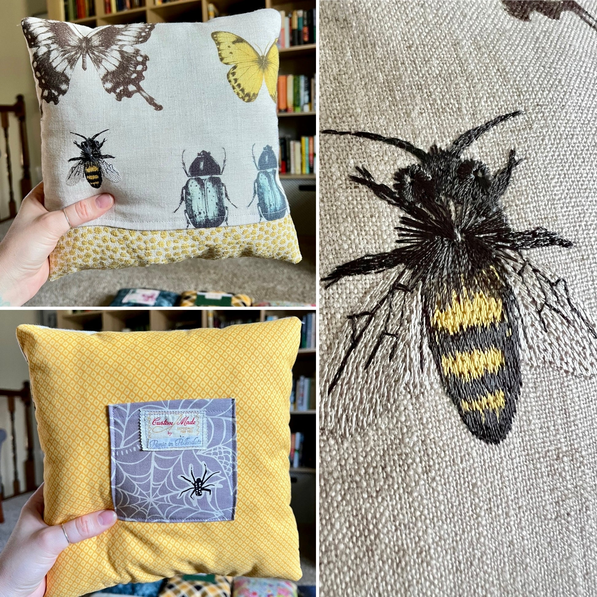 Three-panel collage showing a handmade decorative pillow with insect and spider motifs. The top-left panel shows a light beige front  with embroidered butterflies, beetles, and a bumblebee, held by a hand in a home setting. Back is yellow with a spiderweb pocket.