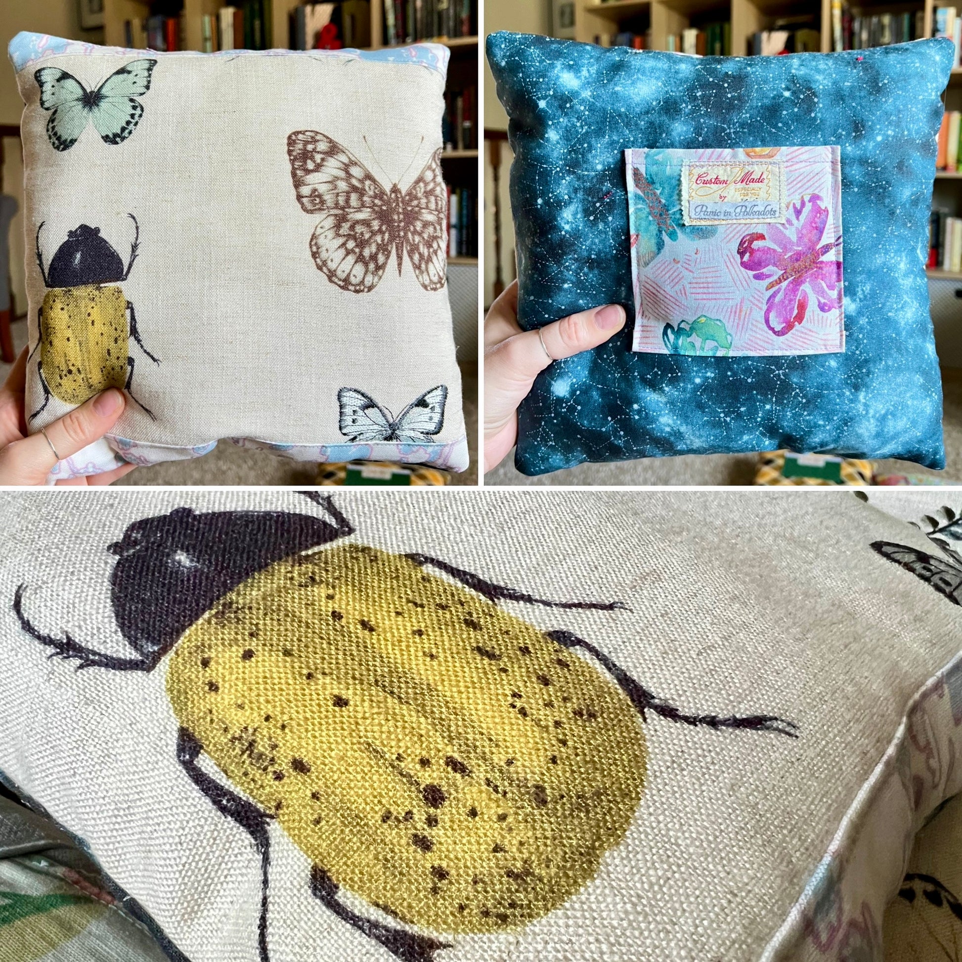 A three-panel collage showing handmade decorative pillows. The top-left panel shows a front of beige linen pillow with printed butterflies and beetles, held by a hand, back is a constellation print with butterfly pocket.